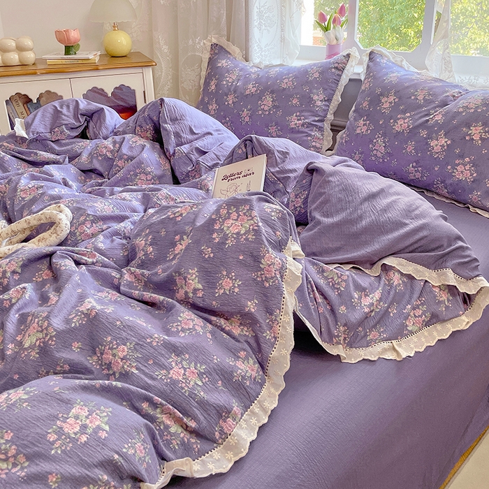 91家纺网 家纺一手货源 找家纺 优尚佳生活馆 2025新款云感木棉皱皱双层纱全棉镂空花边四件套（提供买家秀） 紫藤花语