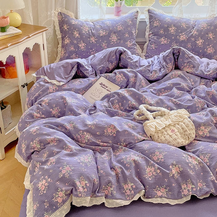 91家纺网 家纺一手货源 找家纺 优尚佳生活馆 2025新款云感木棉皱皱双层纱全棉镂空花边四件套（提供买家秀） 紫藤花语