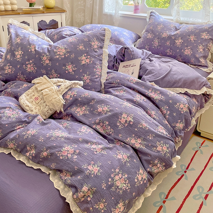 91家纺网 家纺一手货源 找家纺 优尚佳生活馆 2025新款云感木棉皱皱双层纱全棉镂空花边四件套（提供买家秀） 紫藤花语