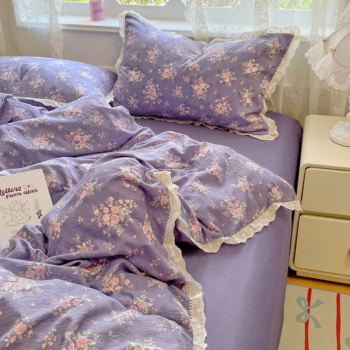 91家纺网 家纺一手货源 找家纺 优尚佳生活馆 2025新款云感木棉皱皱双层纱全棉镂空花边四件套（提供买家秀） 紫藤花语