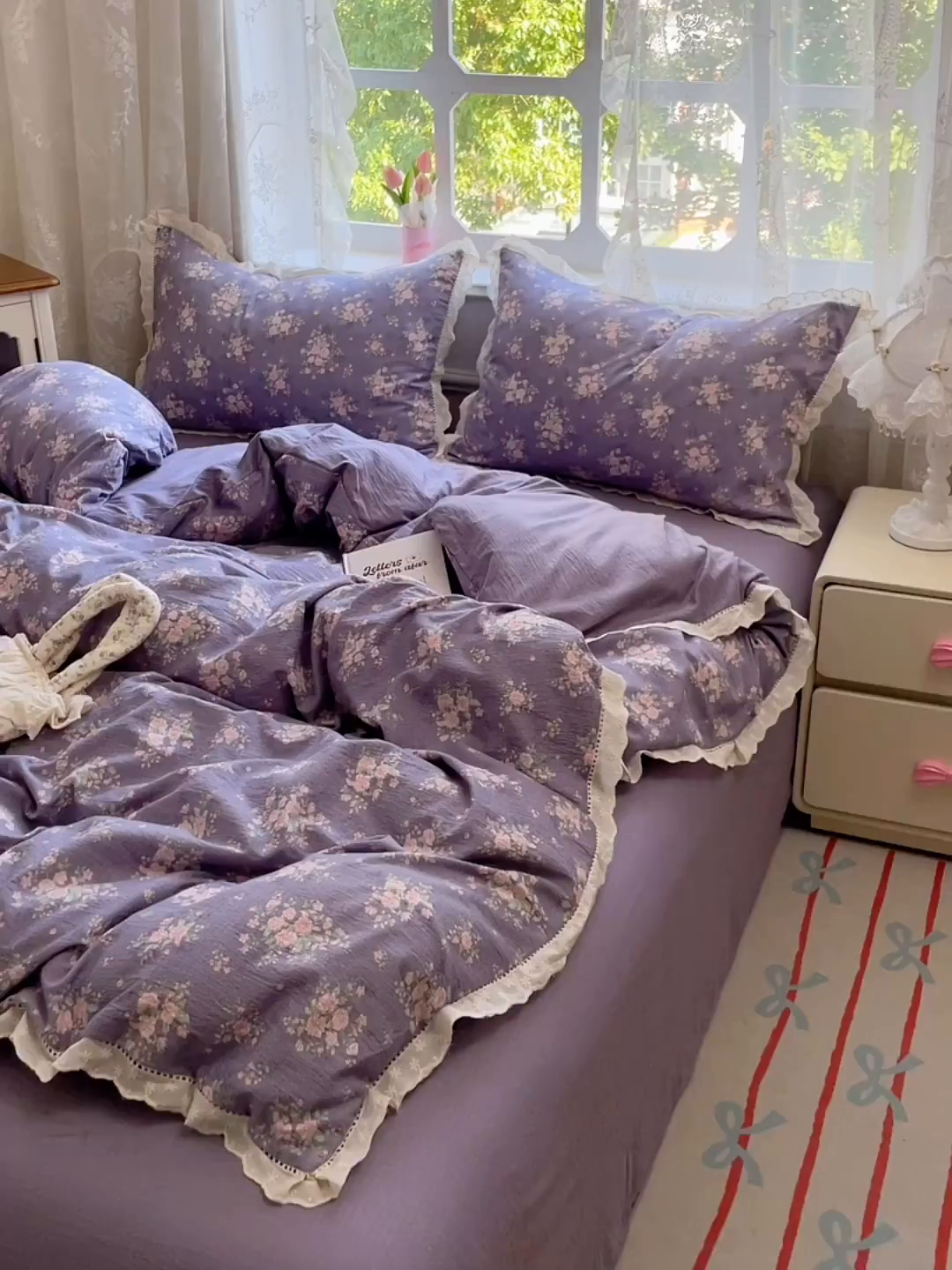 91家纺网 家纺一手货源 找家纺 优尚佳生活馆 2025新款云感木棉皱皱双层纱全棉镂空花边四件套（提供买家秀） 紫藤花语