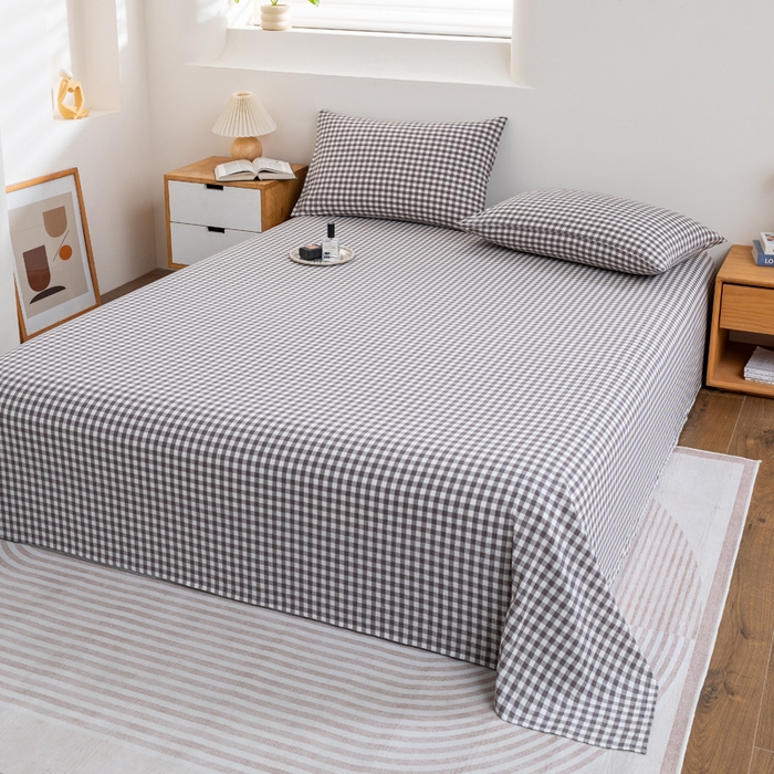 91家纺网 家纺一手货源 找家纺 居美良品 2025新款100%全棉纯棉色织水洗棉床单 床单单件 灰小格