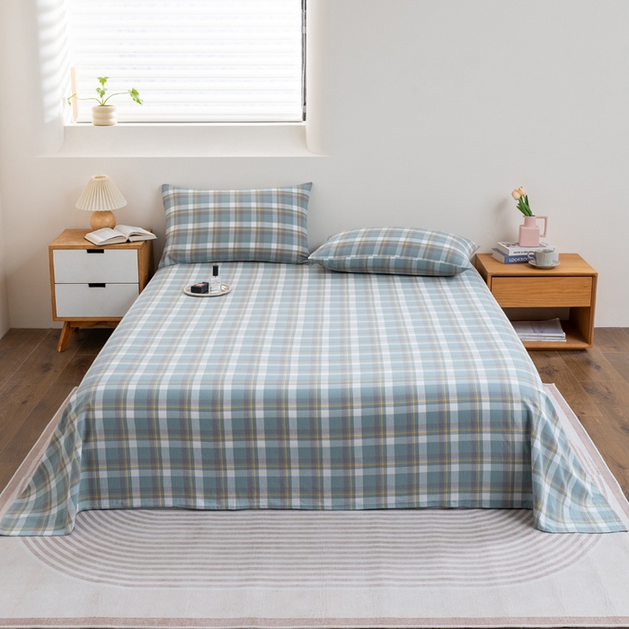 91家纺网 家纺一手货源 找家纺 居美良品 2025新款100%全棉纯棉色织水洗棉床单 床单单件 静雅-绿