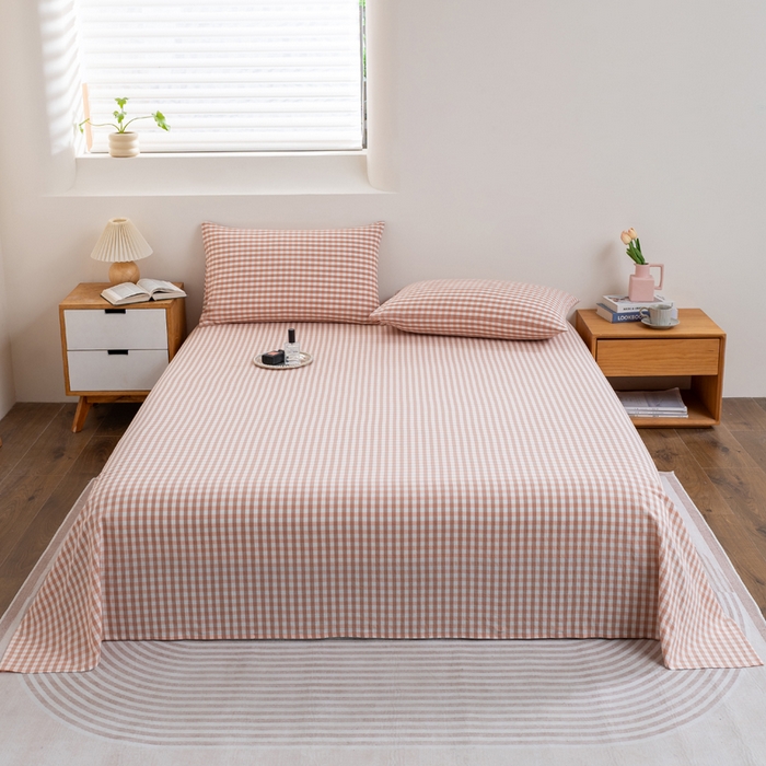 91家纺网 家纺一手货源 找家纺 居美良品 2025新款100%全棉纯棉色织水洗棉床单 床单单件 咖小格