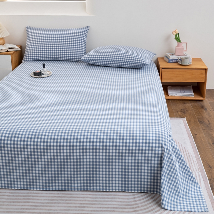 91家纺网 家纺一手货源 找家纺 居美良品 2025新款100%全棉纯棉色织水洗棉床单 床单单件 蓝小格