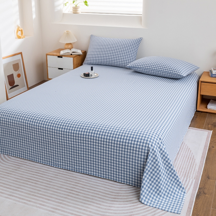 91家纺网 家纺一手货源 找家纺 居美良品 2025新款100%全棉纯棉色织水洗棉床单 床单单件 蓝小格