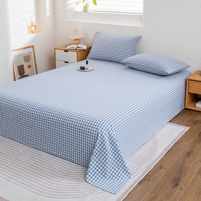 91家纺网 家纺一手货源 找家纺 居美良品 2025新款100%全棉纯棉色织水洗棉床单 床单单件 蓝小格