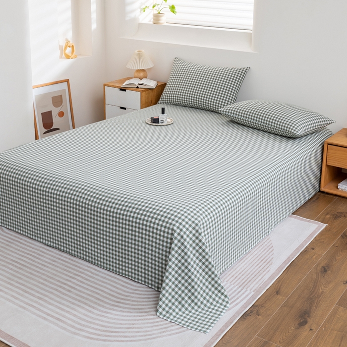 91家纺网 家纺一手货源 找家纺 居美良品 2025新款100%全棉纯棉色织水洗棉床单 床单单件 绿小格