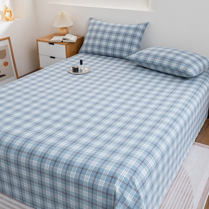 91家纺网 家纺一手货源 找家纺 居美良品 2025新款100%全棉纯棉色织水洗棉床单 床单单件 迷雾-蓝