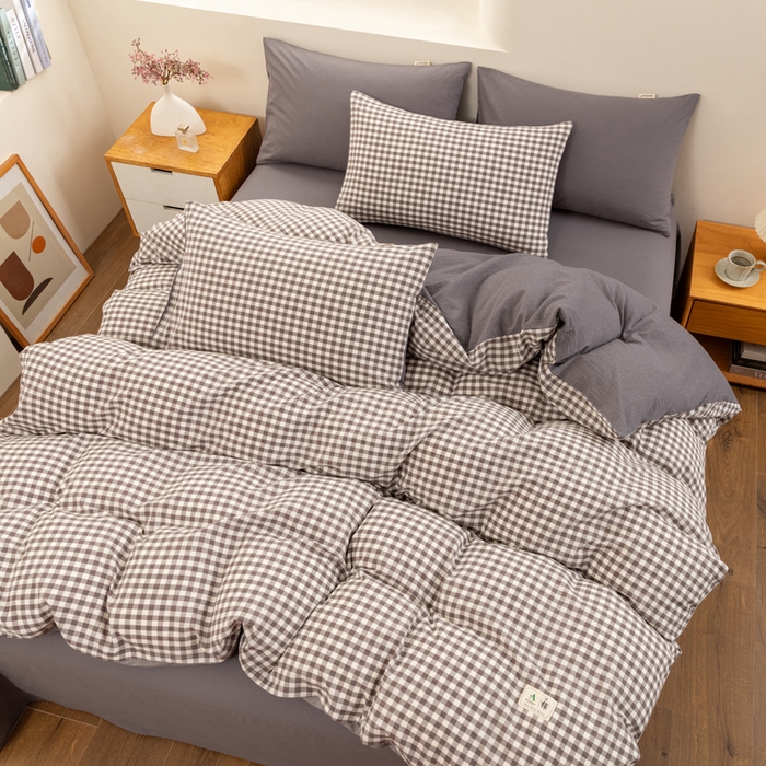 91家纺网 家纺一手货源 找家纺 居美良品 2025新款全棉色织水洗棉被套 灰小格