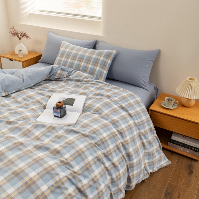 91家纺网 家纺一手货源 找家纺 居美良品 2025新款全棉色织水洗棉被套 静雅-蓝