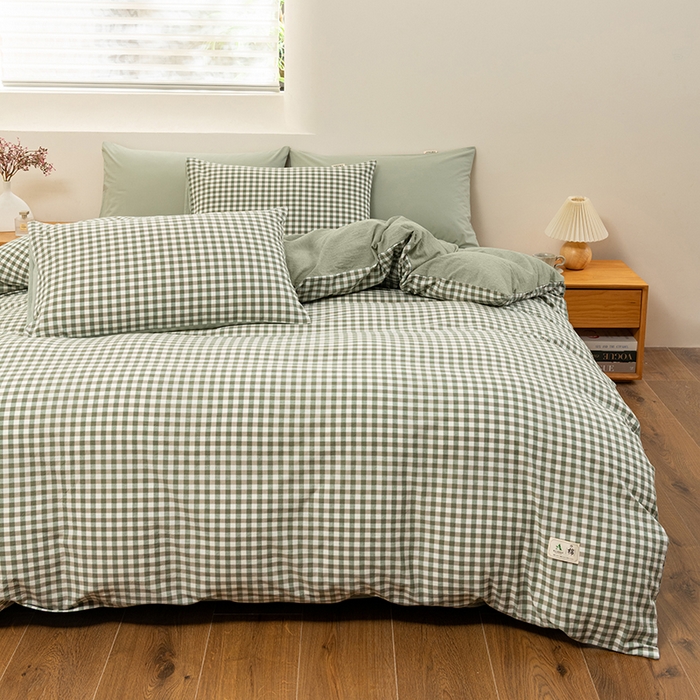 91家纺网 家纺一手货源 找家纺 居美良品 2025新款全棉色织水洗棉被套 绿小格