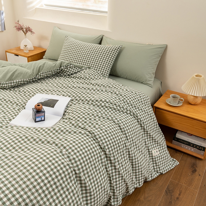 91家纺网 家纺一手货源 找家纺 居美良品 2025新款全棉色织水洗棉被套 绿小格