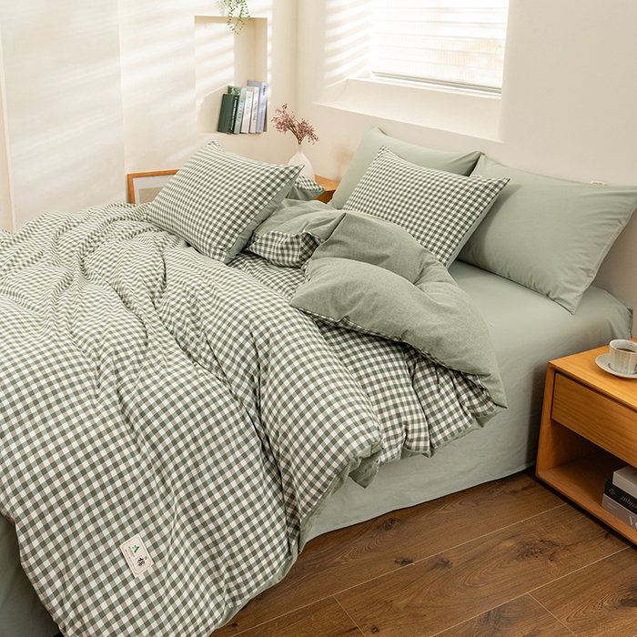 91家纺网 家纺一手货源 找家纺 居美良品 2025新款全棉色织水洗棉被套 绿小格