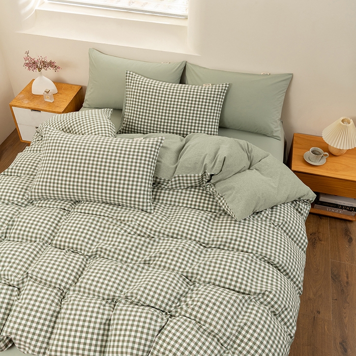 91家纺网 家纺一手货源 找家纺 居美良品 2025新款全棉色织水洗棉被套 绿小格