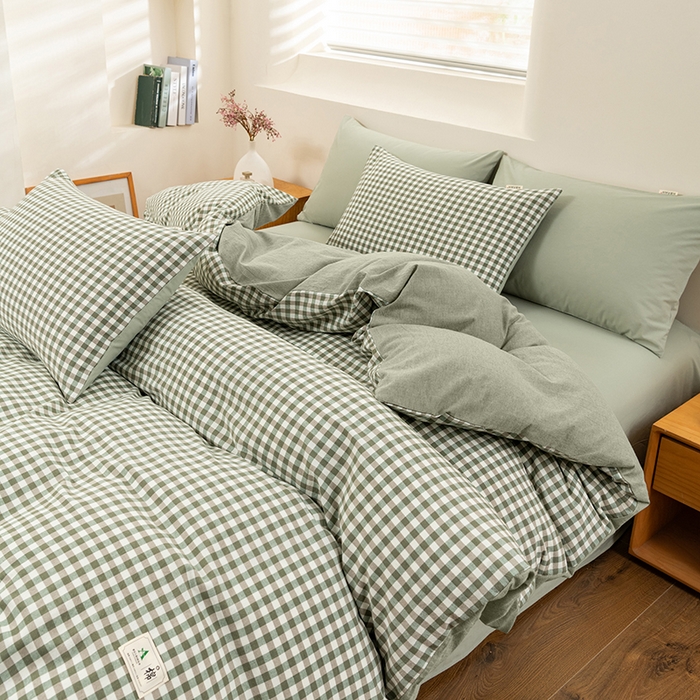 91家纺网 家纺一手货源 找家纺 居美良品 2025新款全棉色织水洗棉被套 绿小格