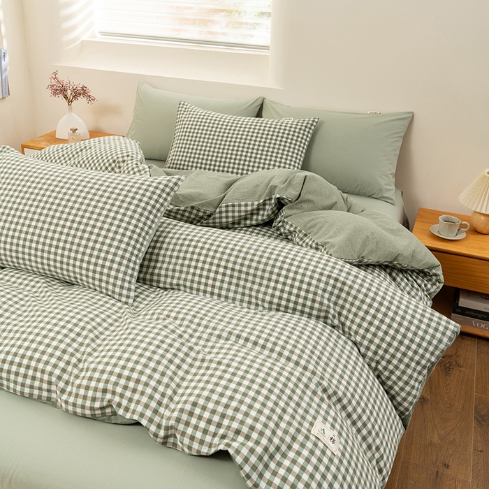 居美良品 2025新款全棉色织水洗棉被套 绿小格