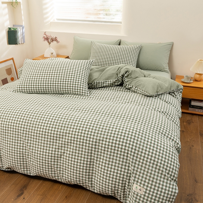 91家纺网 家纺一手货源 找家纺 居美良品 2025新款全棉色织水洗棉被套 绿小格