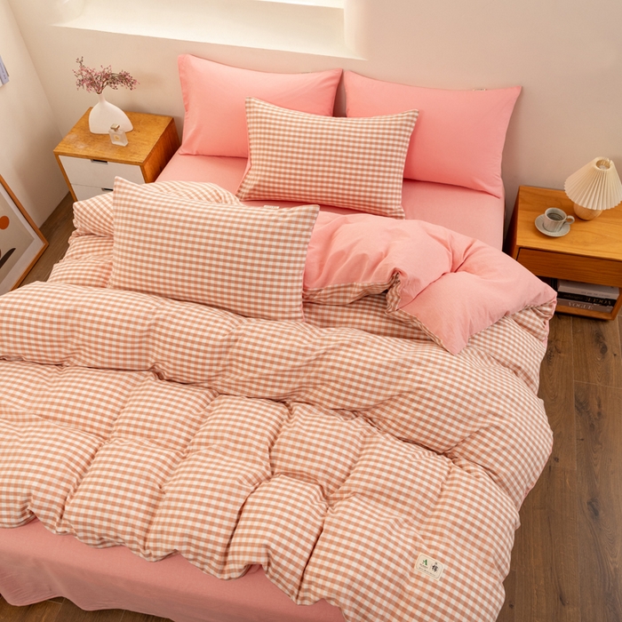 91家纺网 家纺一手货源 找家纺 居美良品 2025新款全棉色织水洗棉被套 米咖小格