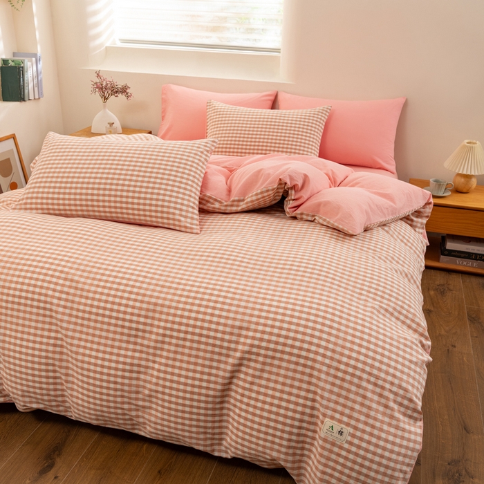 91家纺网 家纺一手货源 找家纺 居美良品 2025新款全棉色织水洗棉被套 米咖小格