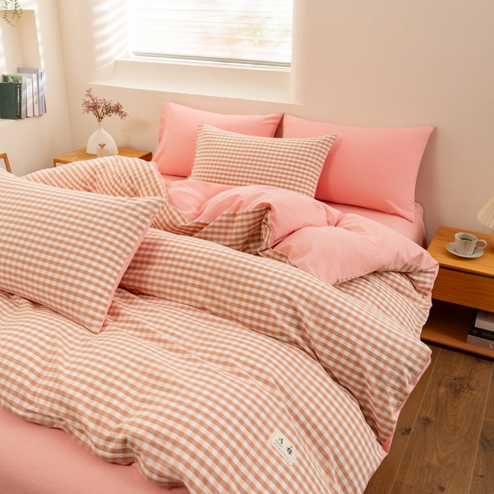 居美良品 2025新款全棉色织水洗棉被套 米咖小格