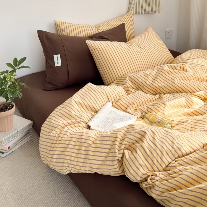 91家纺网 家纺一手货源 找家纺 玖弘家居 2025新款全棉水洗棉条纹四件套 混搭黄咖条