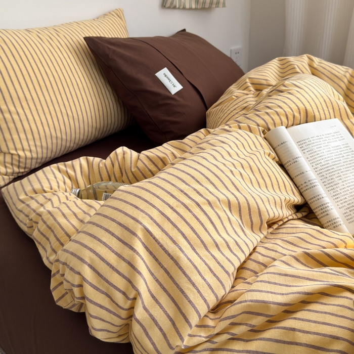 91家纺网 家纺一手货源 找家纺 玖弘家居 2025新款全棉水洗棉条纹四件套 混搭黄咖条