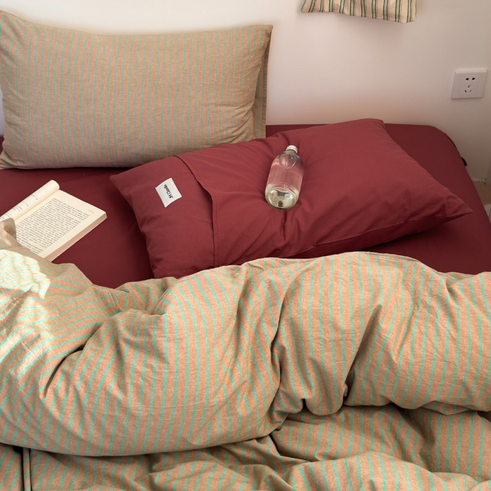 91家纺网 家纺一手货源 找家纺 玖弘家居 2025新款全棉水洗棉条纹四件套 混搭桔红条