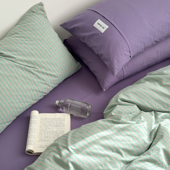 91家纺网 家纺一手货源 找家纺 玖弘家居 2025新款全棉水洗棉条纹四件套 混搭绿紫条