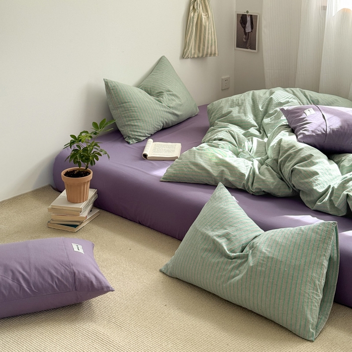 91家纺网 家纺一手货源 找家纺 玖弘家居 2025新款全棉水洗棉条纹四件套 混搭绿紫条