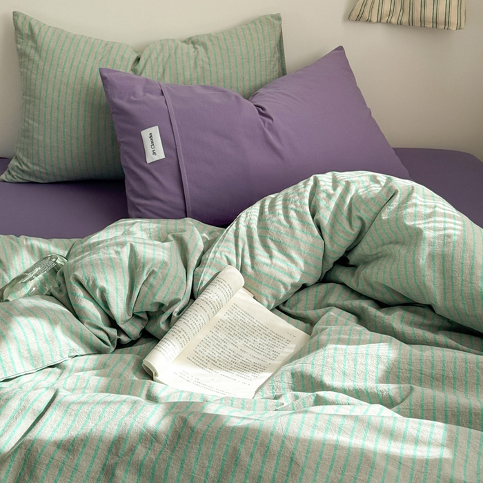 91家纺网 家纺一手货源 找家纺 玖弘家居 2025新款全棉水洗棉条纹四件套 混搭绿紫条