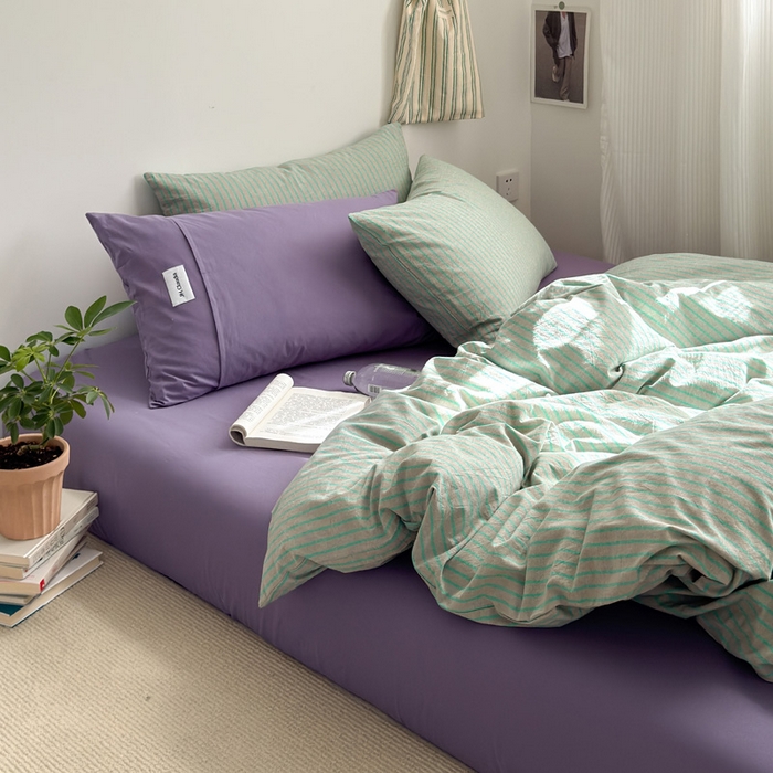 91家纺网 家纺一手货源 找家纺 玖弘家居 2025新款全棉水洗棉条纹四件套 混搭绿紫条