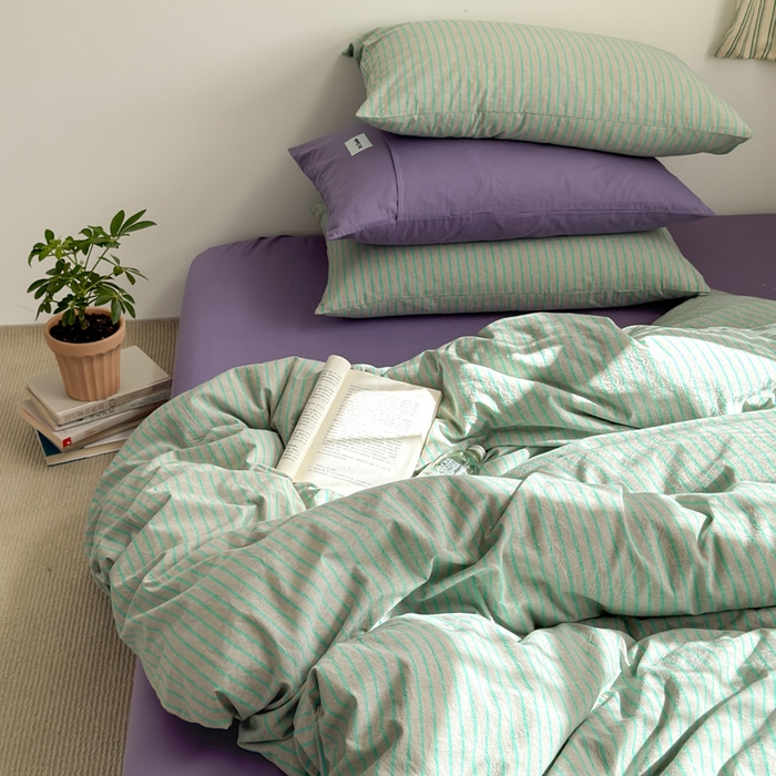 91家纺网 家纺一手货源 找家纺 玖弘家居 2025新款全棉水洗棉条纹四件套 混搭绿紫条