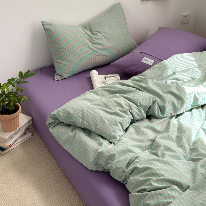 91家纺网 家纺一手货源 找家纺 玖弘家居 2025新款全棉水洗棉条纹四件套 混搭绿紫条