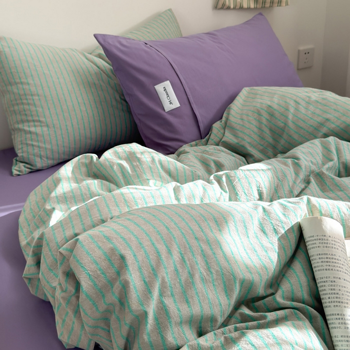 91家纺网 家纺一手货源 找家纺 玖弘家居 2025新款全棉水洗棉条纹四件套 混搭绿紫条