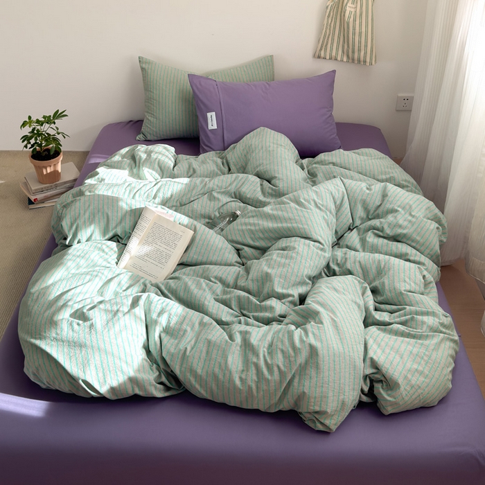 91家纺网 家纺一手货源 找家纺 玖弘家居 2025新款全棉水洗棉条纹四件套 混搭绿紫条