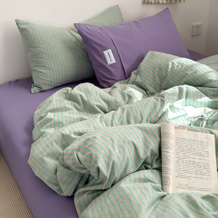 91家纺网 家纺一手货源 找家纺 玖弘家居 2025新款全棉水洗棉条纹四件套 混搭绿紫条