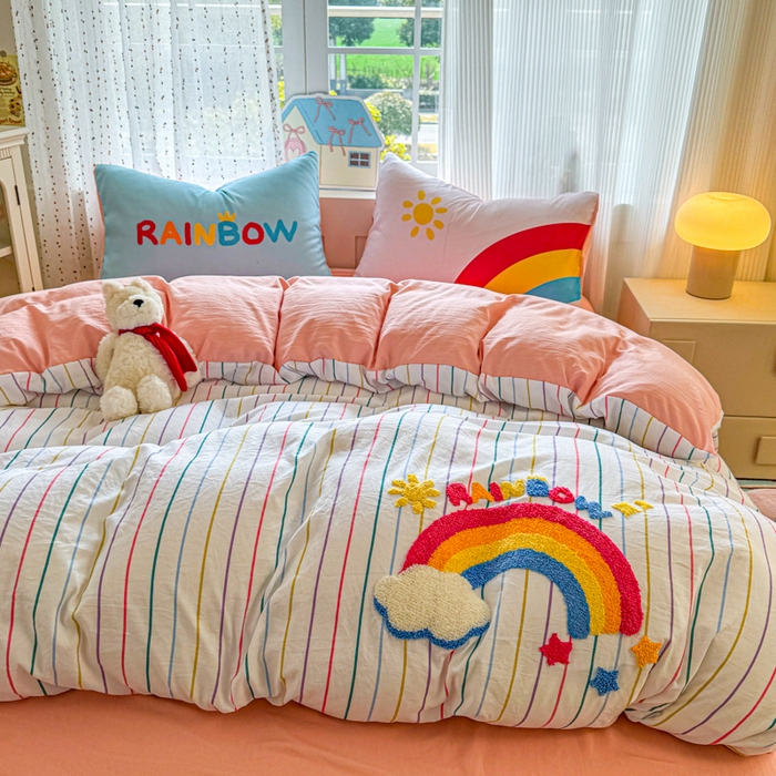 91家纺网 家纺一手货源 找家纺 森璐家纺2025新款水洗云朵棉毛巾绣四件套 彩虹-毛巾绣