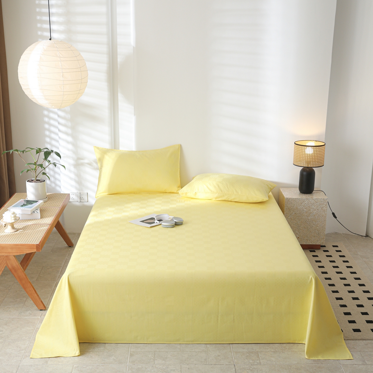 91家纺网 家纺一手货源 找家纺 简宜家居（朝初家纺） 2025新款60支贡缎提花A版纯棉床单 格子-黄