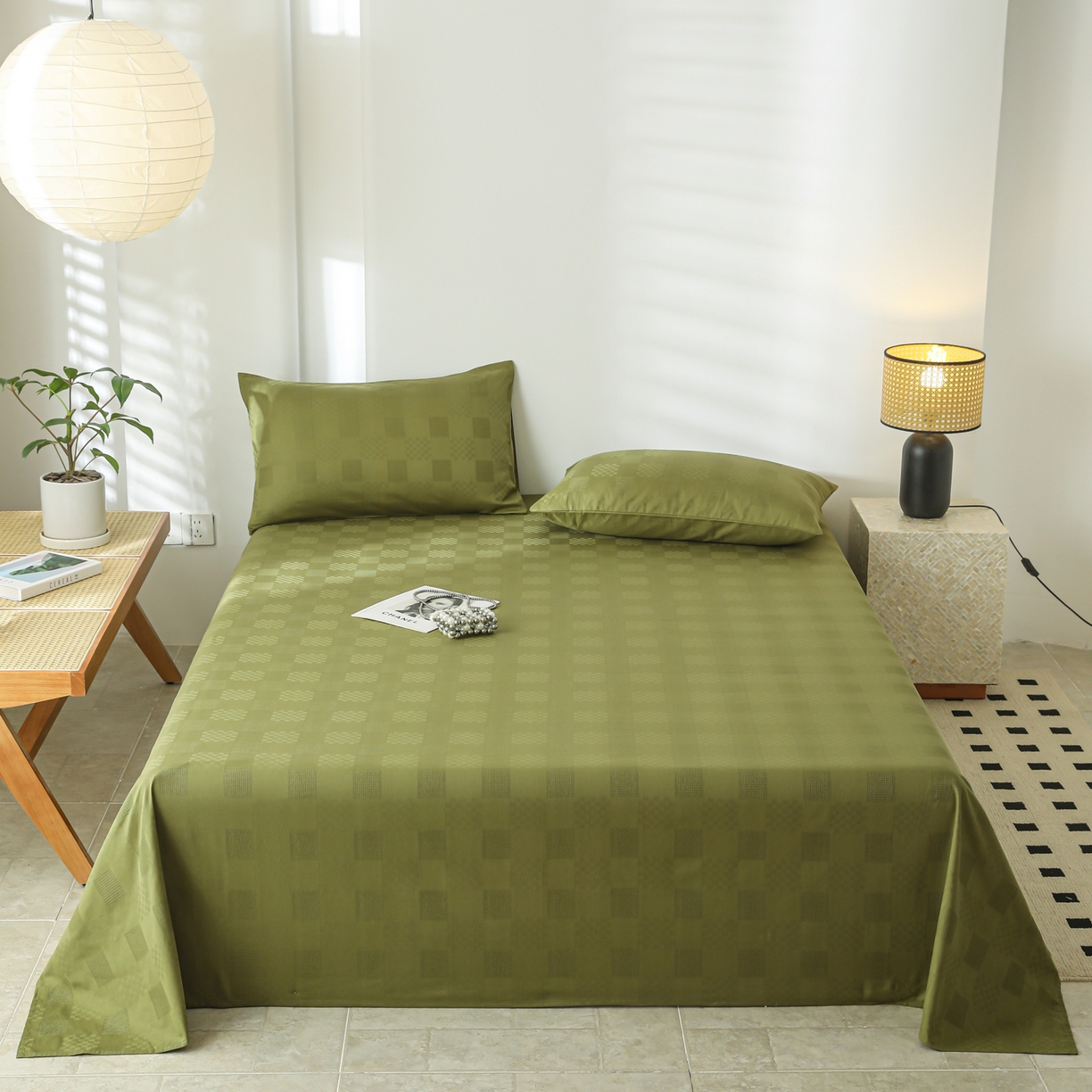 91家纺网 家纺一手货源 找家纺 简宜家居（朝初家纺） 2025新款60支贡缎提花A版纯棉床单 格子-绿