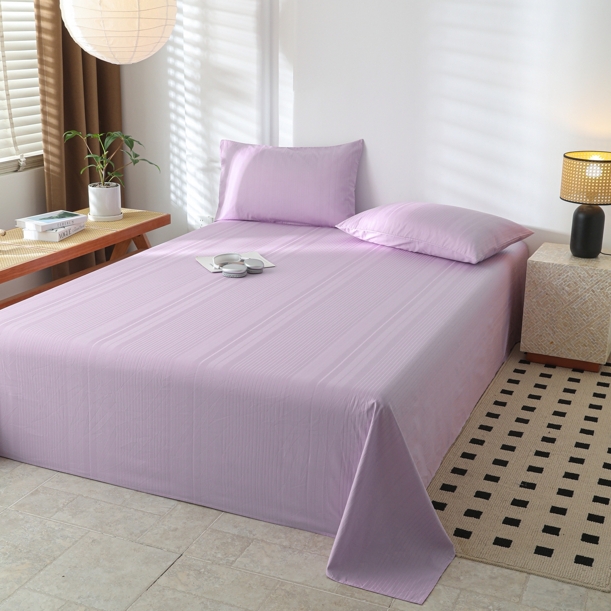 91家纺网 家纺一手货源 找家纺 简宜家居（朝初家纺） 2025新款60支贡缎提花A版纯棉床单 条纹-紫