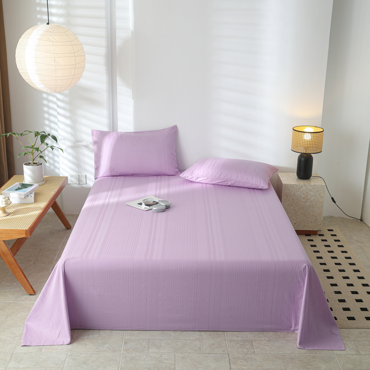 91家纺网 家纺一手货源 找家纺 简宜家居（朝初家纺） 2025新款60支贡缎提花A版纯棉床单 条纹-紫