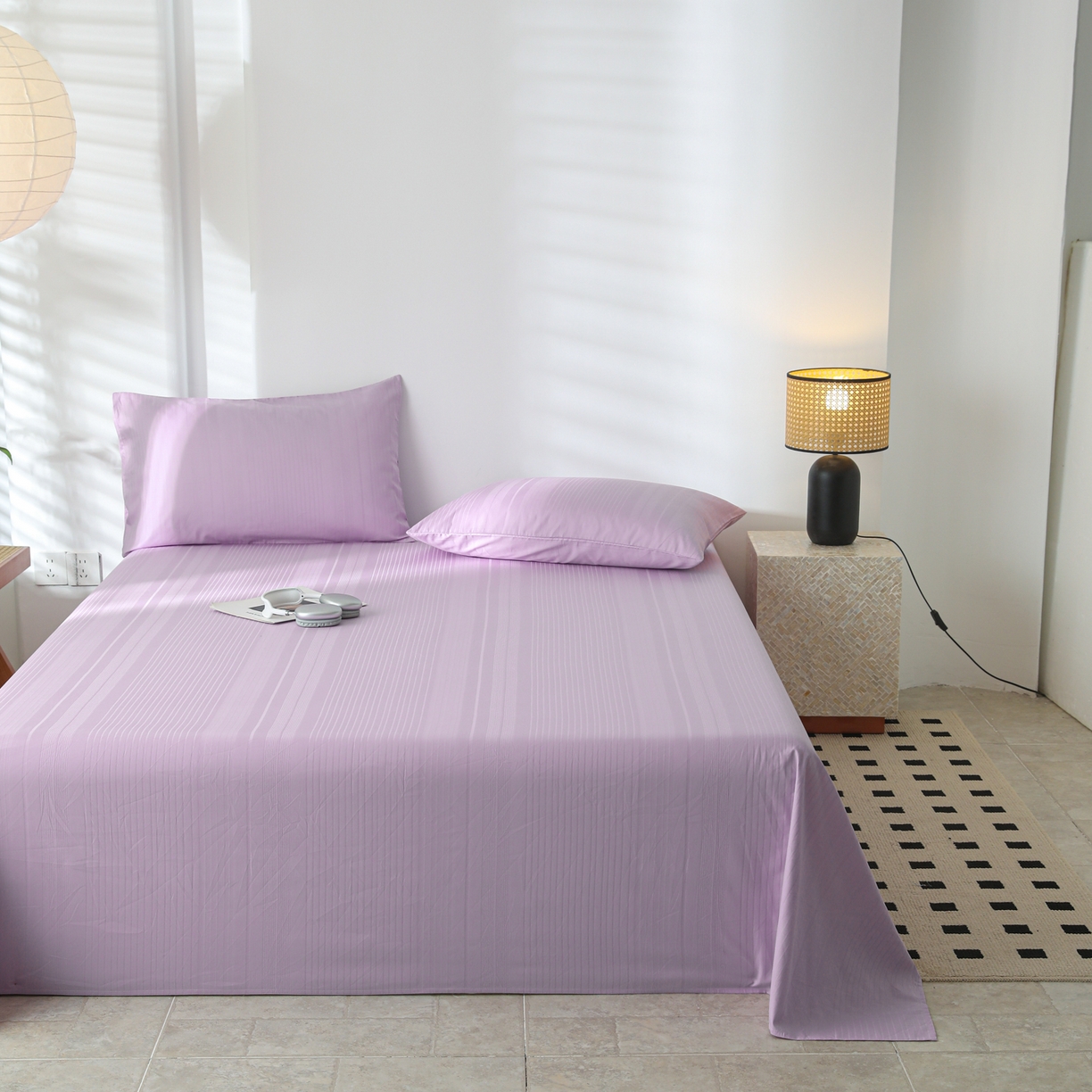 91家纺网 家纺一手货源 找家纺 简宜家居（朝初家纺） 2025新款60支贡缎提花A版纯棉床单 条纹-紫