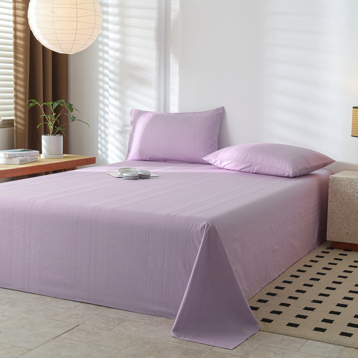 91家纺网 家纺一手货源 找家纺 简宜家居（朝初家纺） 2025新款60支贡缎提花A版纯棉床单 条纹-紫