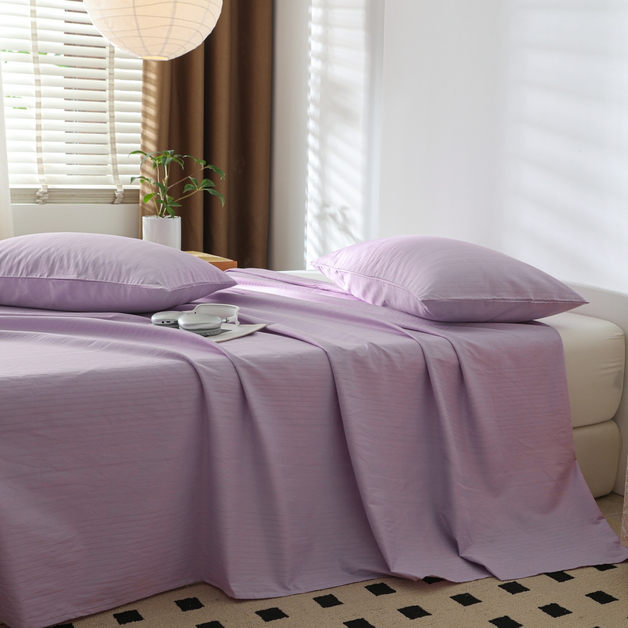 91家纺网 家纺一手货源 找家纺 简宜家居（朝初家纺） 2025新款60支贡缎提花A版纯棉床单 条纹-紫