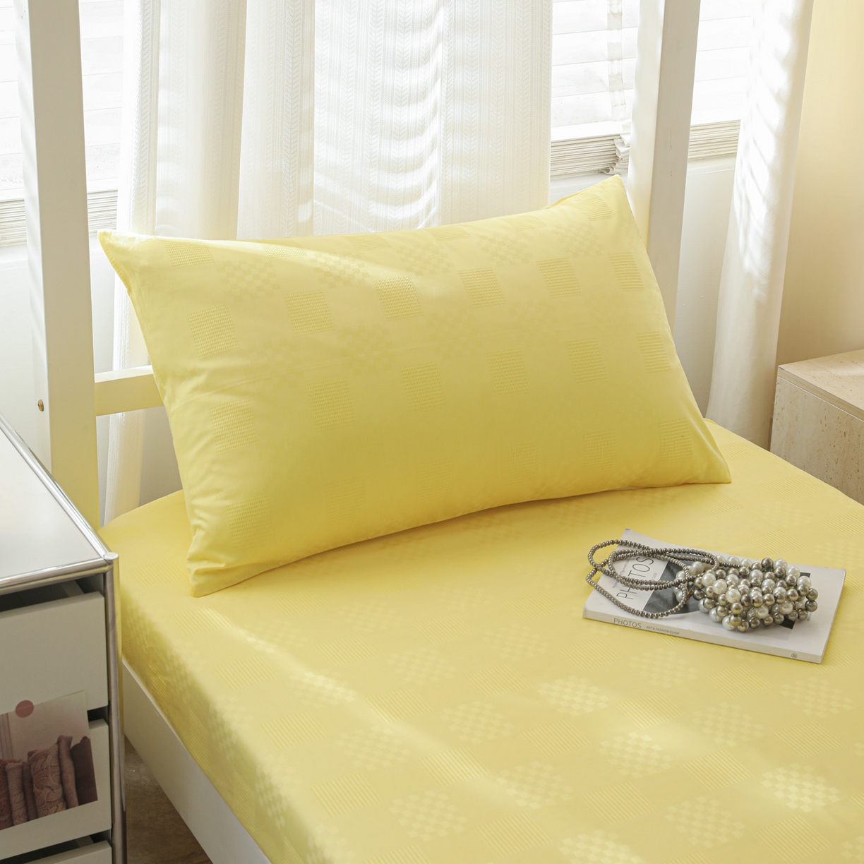 91家纺网 家纺一手货源 找家纺 简宜家居（朝初家纺） 2025新款60支贡缎提花A版纯棉床笠 格子-黄