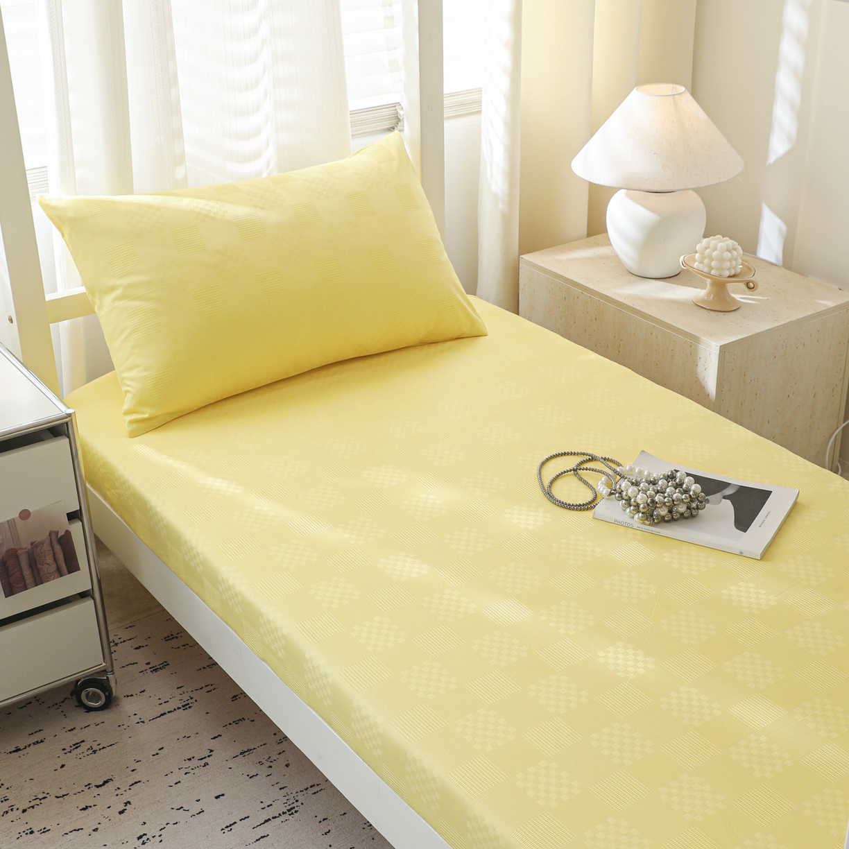 简宜家居（朝初家纺） 2025新款60支贡缎提花A版纯棉床笠 格子-黄