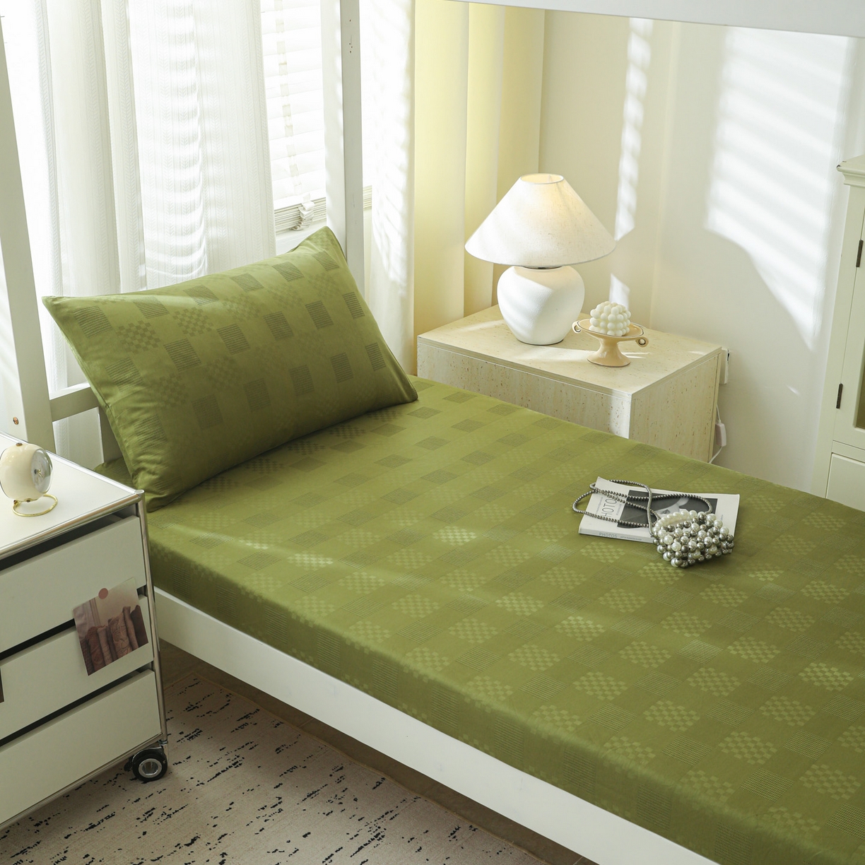 91家纺网 家纺一手货源 找家纺 简宜家居（朝初家纺） 2025新款60支贡缎提花A版纯棉床笠 格子-绿