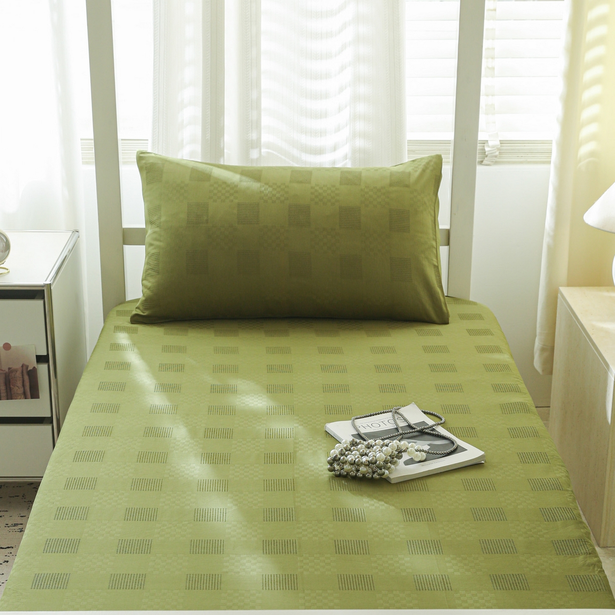 91家纺网 家纺一手货源 找家纺 简宜家居（朝初家纺） 2025新款60支贡缎提花A版纯棉床笠 格子-绿