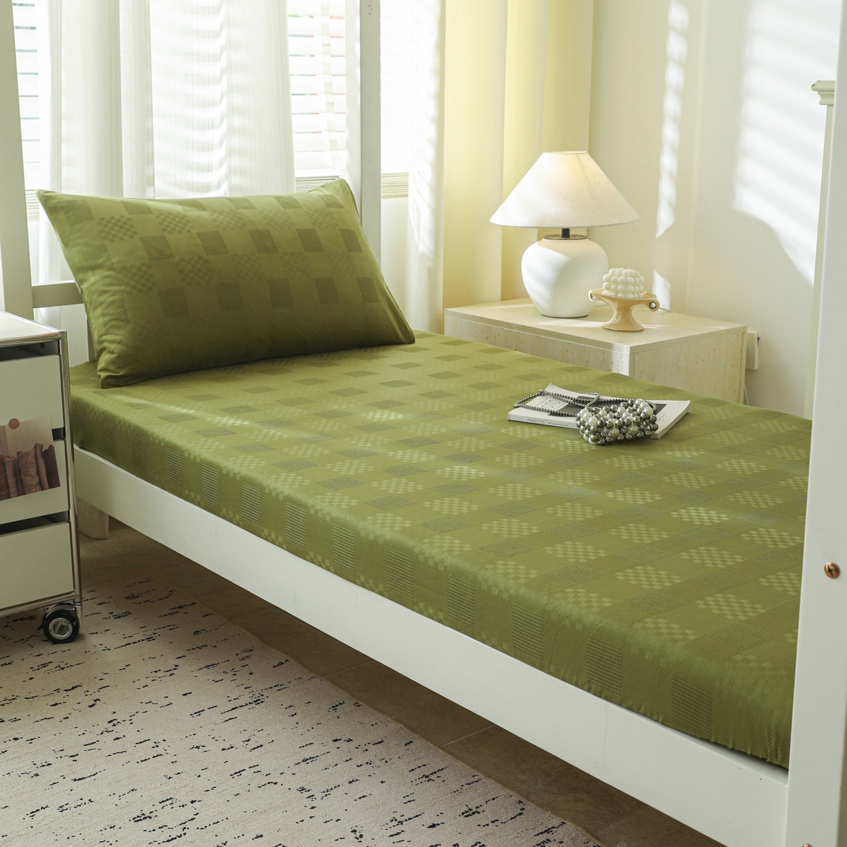 91家纺网 家纺一手货源 找家纺 简宜家居（朝初家纺） 2025新款60支贡缎提花A版纯棉床笠 格子-绿